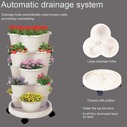 5-Tier Vertical Garden Tower Stackable Planter for Strawberries, Flowers, Vegetables & Herbs 2-Pack Beige