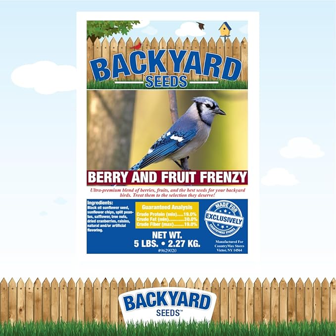 CountryMax Backyard Seeds Berries 'N Fruit Bird Seed Mix 5lbs - Premium Blend with Dried Fruit & Berries, Large Bag of Wild Bird Food