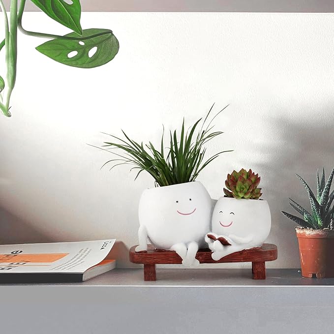 Meltset Cute Face Planter Pot - Funny Double Head Planter Sitting on Bench, Smiley Succulent Pot with Drainage Indoor and Outdoor, Unique Gift for Plant Lovers(White)