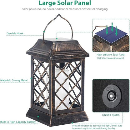 TomCare Solar Lights Outdoor Flickering Flame Metal Solar Lantern Outdoor Hanging Decorative Lanterns Heavy Duty Waterproof Umbrella Decorations Lighting for Patio Garden Deck Yard, 2 Pack (Bronze)