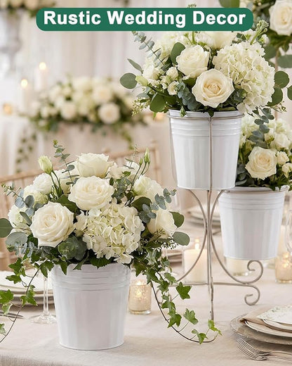 6 Inch White Metal Rustic Flower Pots - 6Pcs Galvanized Planters with Drainage Hole and Rubber Plug, Rustproof Metal Bucket Plant Pots Farmhouse Vintage Style for Decor