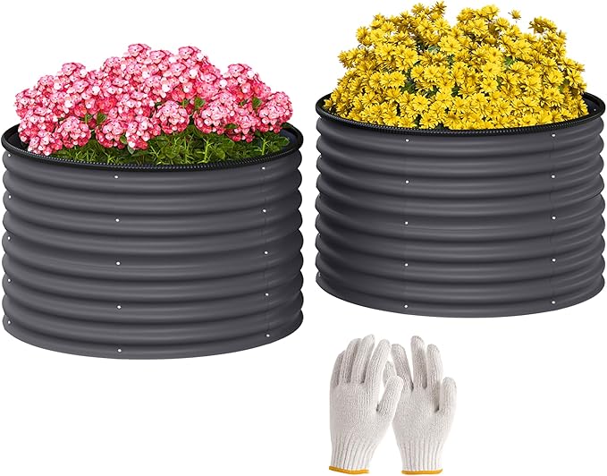 Outsunny Galvanized Raised Garden Bed Set of 2, Planters for Outdoor Plants with Safety Edging, Easy-to-Assemble Stock Tanks for Growing Flowers, Herbs and Vegetables, 3' x 3' x 2', Dark Gray