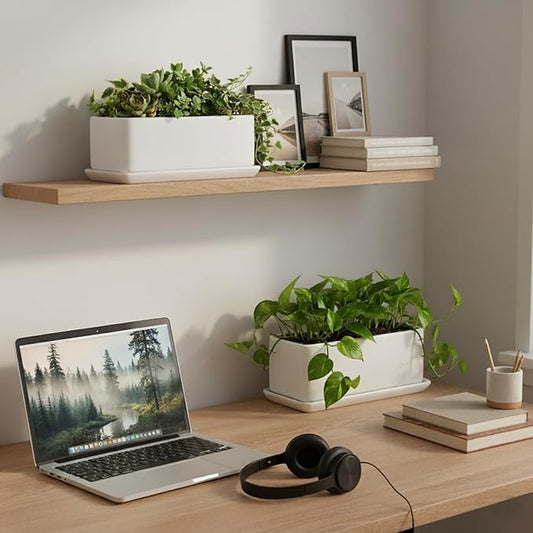 MyGift 10 Inch Modern Unglazed White Ceramic Indoor Plant Pot with Drainage Hole, Rectangular Succulent Planter Window Box with Removable Saucer, 2 Pack