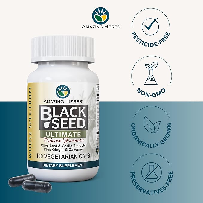 Amazing Herbs Whole Spectrum Black Seed Ultimate, Vegetarian Capsules - Olive Leaf & Garlic Extracts Plus Ginger & Cayenne, Gluten Free, Non GMO, Vegan - 100 Count (Pack of 2)