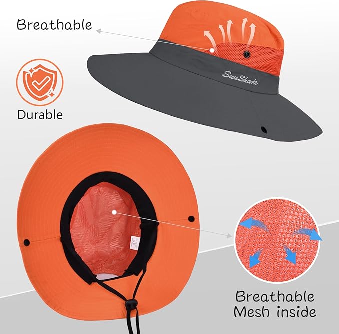 ZOORON Women's Ponytail Safari Sun Hat,Wide Brim UV Protection Outdoor Bucket Hat,Foldable Beach Summer Fishing Hat