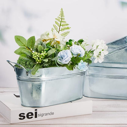 Sabary 6 Pcs Small Galvanized Oval Planters Tub Galvanized Buckets with Handle Oval Metal Pail Flower Pot Rustic Farmhouse Home Decor for Outdoor Party Wedding (9.84 x 5.31 x 4.33 Inch)