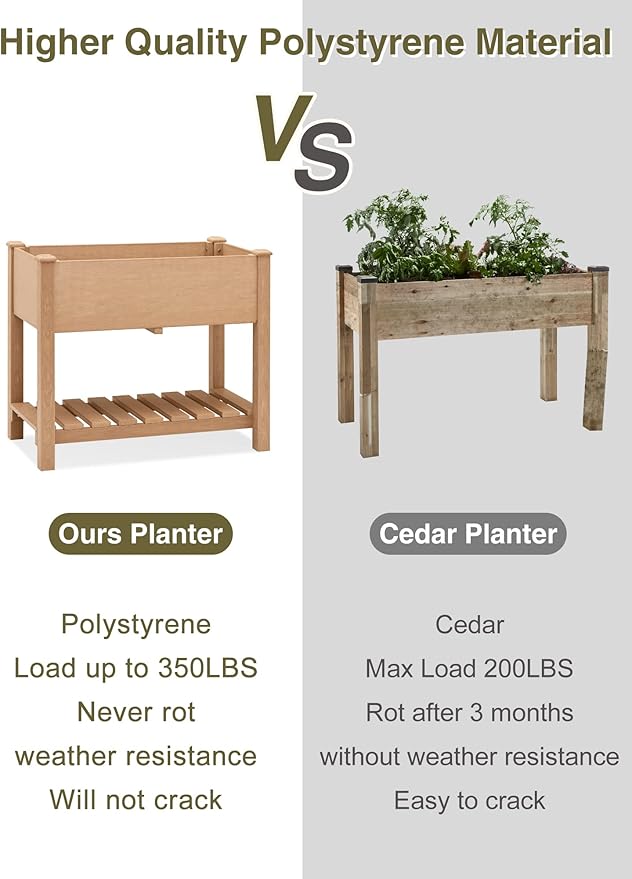 Psilvam Raised Garden Bed (4'x2') - 34 Inch Tall Poly Lumber Planter Box with Storage Shelf & Waterproof Tarp, No Assembly Required, Rot Resistant & Zero Maintenance for Vegetables, Flowers