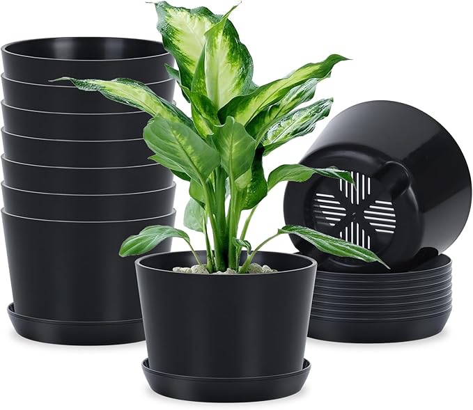 4.7 Inch Plastic Plant Pots 8 Pack, Round Classic Planters with Drainage Holes and Saucers for Indoor Outdoor Plants, Perfect for African Violet, Snake Plant, Succulents (Black)