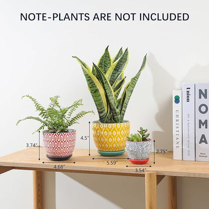 Selamica Ceramic Plant Pots, Indoor Flower Pots for Indoor Plants, 3.5+4.6+5.5 Planters with Drainage Hole & Saucer, Set of 3, Home Decor, Assorted Colors