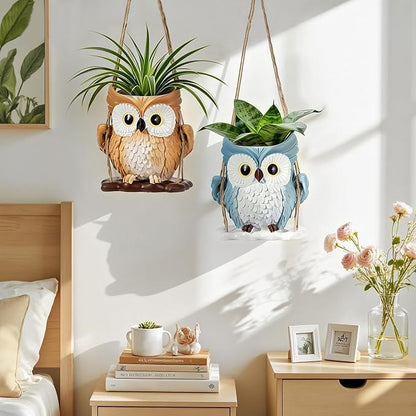 QCQHDU Swing Owl Hanging Pots with Drainage Hole, Small Resin Succulent Plant Planters, Cute Indoor/Outdoor Decor for Balcony Garden Patio, Women Gift Idea, Khaki