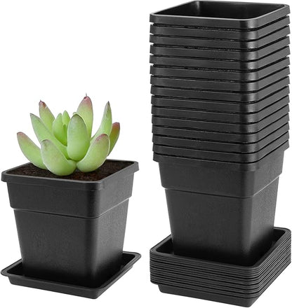 JEUIHAU 16 Packs 5.5 Inch Plastic Square Nursery Pots, Black Square Nursery Plant Pot with Saucers, Seedling Nursery Transplanting Planter for Flower, Succulent, Herb, Small Potted Plants