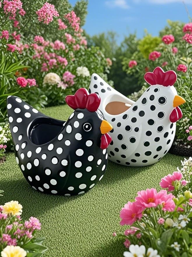 Hens and Chicks Planter Pot Set of 2 - Whimsical Animal Planters for Outdoor Plants, Chicken Flower Pot with Drainage & Weather-Resistant Design, Farmhouse Garden Decor for Succulents
