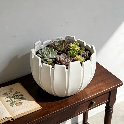 Large Round Planter with Drainage Hole, 11.8''H × 15.8''D Sphere Indoor Plant Pot, Modern Flower Pot for Outdoor Garden Patio Home, Wavy Rim Design, White