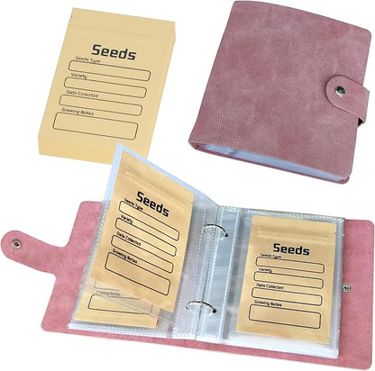 Seed Organizer Binder with 50 PCS Resealable Seed Envelopes - 50 Storage Pockets, 3.5x5 Inch Clear Sleeves, Seed Saver for Garden Lover - Pink