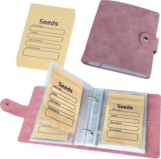 Seed Organizer Binder with 50 PCS Resealable Seed Envelopes - 50 Storage Pockets, 3.5x5 Inch Clear Sleeves, Seed Saver for Garden Lover - Pink