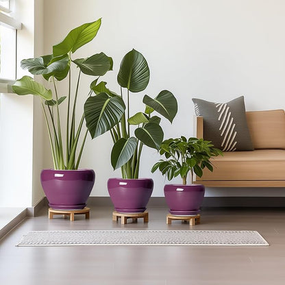 10+8+6 Inch Ceramic Plant Pots, Ceramic Planter for Indoor Outdoor Plants, Round Planter with Drainage Holes and Saucers, Indoor Flower Pots, Room Decor, Housewarming Gift, Set of 3, Purple