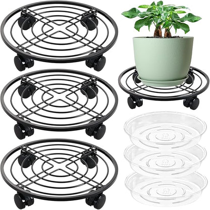 12" Metal Plant Caddy with Wheels 3 Packs Large Rolling Plant Stands Indoor Wheeled Plant Dolly Heavy-duty Planter Mover Roller Base Outdoor Plant Trolley Cart Water-proof, Plant Saucers on Wheels
