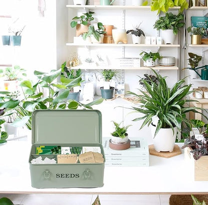 Seed Storage Box Metal Container Organizer, 4-Compartment Garden Seed Box with Safety Locks - Grayish Green