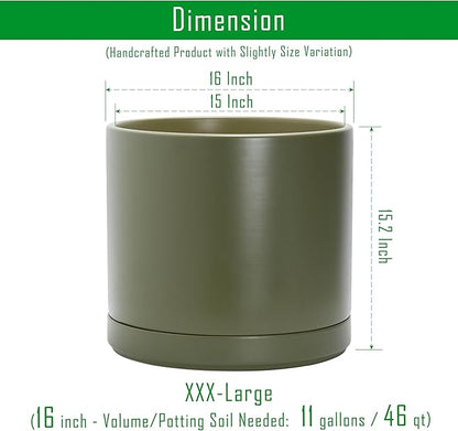 D'vine Dev 16 Inch Ceramic Planter Pot with Drainage Hole and Saucer, Indoor Cylinder Round Planter Pot, Olive, 94-O-H-J