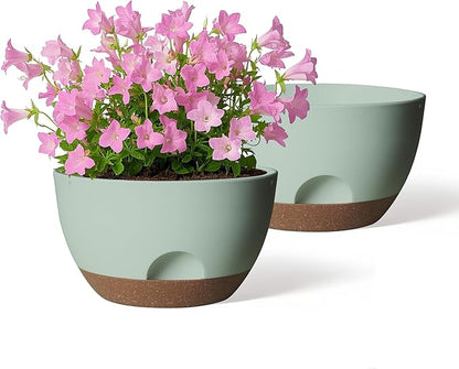 12 Inch Large Self Watering Pots, 2 Pack Plant Pots with Drainage Holes and Saucers, Self Watering Planter for Indoor Outdoor Garden Plants and Flowers (Green)