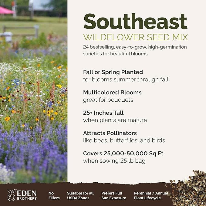 Eden Brothers Southeast Wildflower Mixed Seeds for Planting, 25 lb, 12,000,000+ Seeds with Cornflower, Blanket Flower | Attracts Pollinators, Plant in Spring or Fall, Zones 3, 4, 5, 6, 7, 8, 9, 10