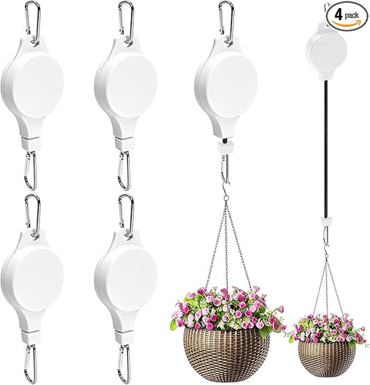 Retractable Plant Hanger with Pulley System, Effortless Raising and Lowering for Indoor and Outdoor Plants, Hanging Planters, Garden Pots & Bird Feeders (4-Pack,White)