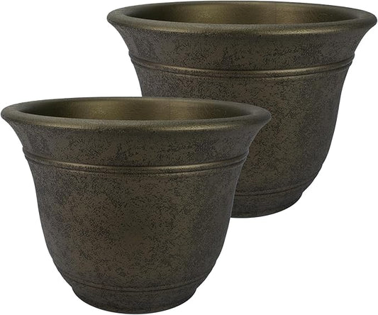 The HC Companies Sierra Round Self-Watering Pot - Lightweight Plastic Planter for Herbs & More - Durable Plant Pots for Indoor Plants & Outdoor Plants (10” Celtic Bronze, Pack of 2)