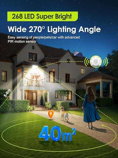 Solar Flood Lights Outdoor, [268LED/7M/5 MODES/2PCS]Solar Motion Lights Outdoor Waterproof, REMOTE+IP65+ 8-12H USE Luces Solares para Exteriores Lámparas Solares para Exteriores,Yard,Doorway,Garage