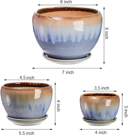 AVLA 3 Pack Ceramic Plant Pots, Gardening Drip Glazed Planters, Decorative Flower Pot with Drainage Hole and Saucer, Round Rustic Houseplant Container for Succulent Herbs Cactus Orchid, Home Office