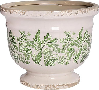Vintage Ceramic Planter Pot with Drainage, 6.8 Inch Large Crackle Glaze Flower Pot with Green Floral Leaf Pattern for Succulents, Flowers, Farmhouse Country Rustic Planters for Gardening Gift