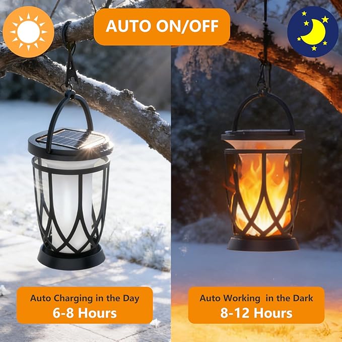 Solar Lanterns Outdoor Waterproof ,2 Pack Flickering Solar Flame Lights Upgraded Hanging Flame Lantern Pathway Torch Light Table Lamp, Auto On/ Off Porch Yard Gifts(2 Lighting Modes)
