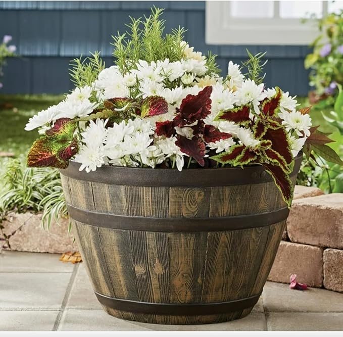 Rustic Whiskey Barrel Planter 19.9 Inch - Durable Plastic - Indoor/Outdoor Decor - Easy Knock-Out Drainage Holes - Lightweight & Frost Proof