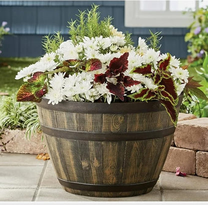 Rustic Whiskey Barrel Planter 19.9 Inch - Durable Plastic - Indoor/Outdoor Decor - Easy Knock-Out Drainage Holes - Lightweight & Frost Proof