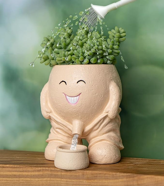 Quirky Creative Planter with Smiley Face,Naughty Boy Plant Face Pot with Drainage Hole,for Indoor Outdoor, Christmas, (Naughty Boy,Khaki)