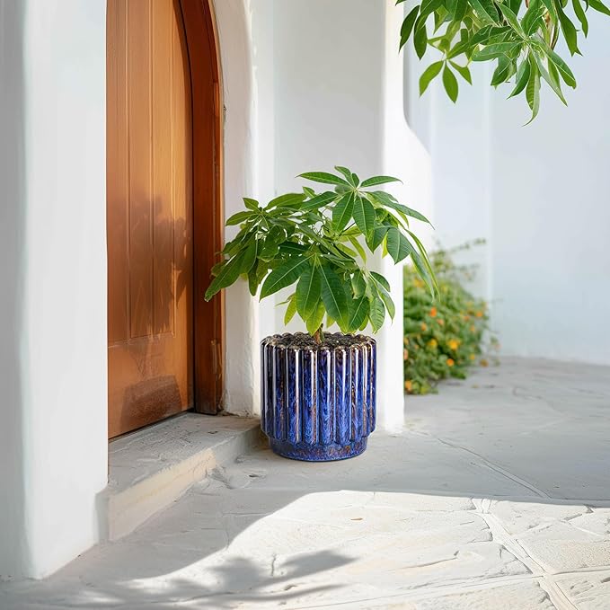 Ceramic Planter - 9.6 Inch Ceramic Plant Pots Indoor Outdoor, Round Flower Pots with Drainage Hole, Large Fluted Modern Planter, Room Home Bedroom Decor, Plant Lover Gifts, Blue