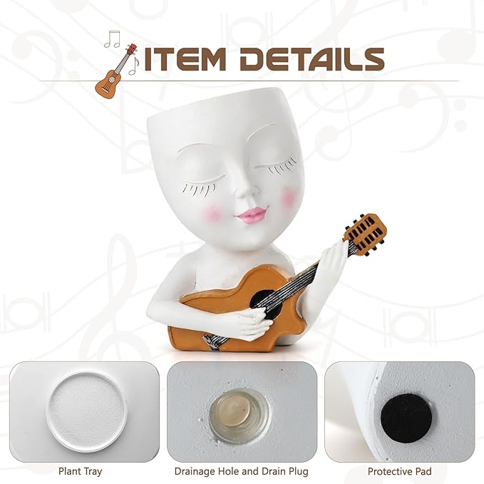 Face Planter Pot, Cute Girl Playing Guitar Head Planter for Indoor Plants, Unique Resin Succulent Pots with Drainage, Creative Music Lover Gifts for Guitarist Women Mom (White)