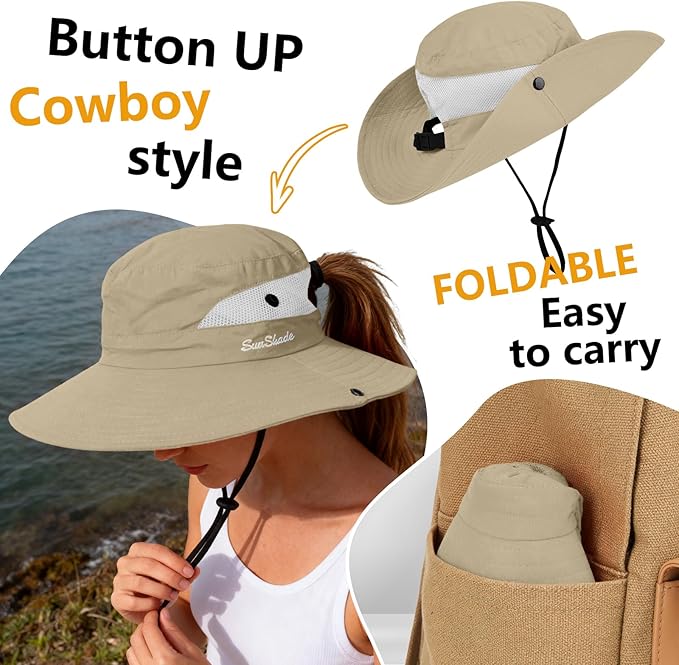 ZOORON Women's Ponytail Safari Sun Hat,Wide Brim UV Protection Outdoor Bucket Hat,Foldable Beach Summer Fishing Hat