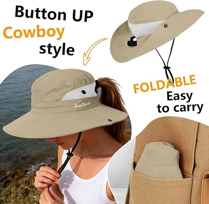 ZOORON Women's Ponytail Safari Sun Hat,Wide Brim UV Protection Outdoor Bucket Hat,Foldable Beach Summer Fishing Hat