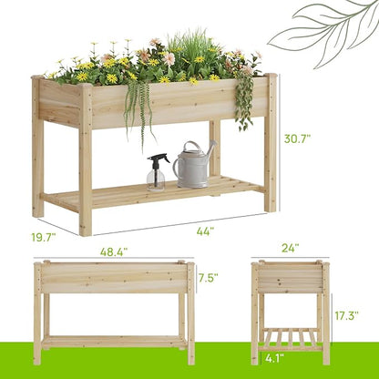 Raised Garden Bed with Legs, Wooden Planter Box with Storage Shelf, Elevated Wood Planter Box for Vegetables Flowers Herbs, Garden Planter for Backyard, Patio, Balcony, 48x24x30.7inch (Natural, M)