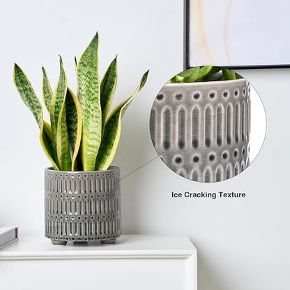 5 Inch Ceramic Planters for Indoor Plants, Gray Cactus Snake Plant Pots with Drainage, Unique Design Round Flower Pot for Home Decoration
