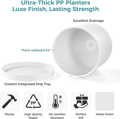 FaithLand 14-Inch Large Modern Cylinder Planter, Thick-Walled Plastic Plant Pot with Drainage Holes and Detachable Saucer, Matte White, Ideal for Indoor & Outdoor Plants Flowers