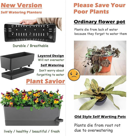 4 Pack Self Watering Pots for Indoor Plants 17 Inches Window Boxes Planters Rectangular Flower Pots Rectangle Herb Pots Large Plant Pots with Drainage Holes and Saucers Windowsill Planter, Grey