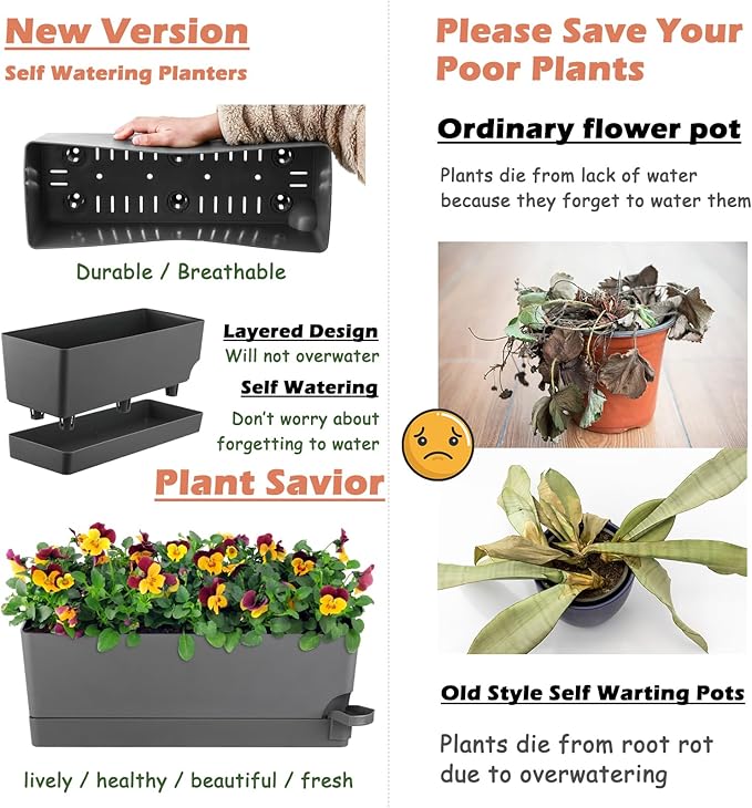 2 Pack Rectangle Self Watering Pots for Indoor Plants 17 Inches Window Boxes Planters Rectangular Flower Pots Herb Large Plant Pots with Drainage Holes and Saucers Windowsill Planter, Grey