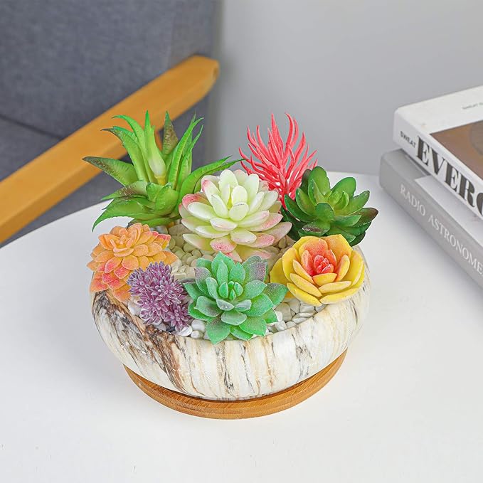 ARTKETTY Succulent Pots - 7.3 Inch Large Bonsai Pots with Drainage Tray, Ceramic Pots for Indoor Plants, Shallow Succulent Planters Marble Cactus Flower Plant Container Bowl