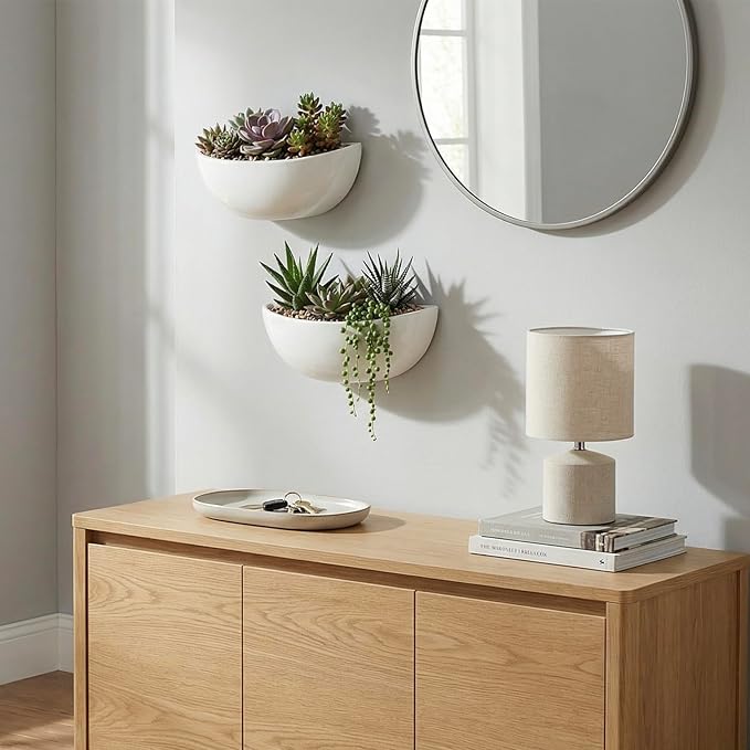 MyGift White Ceramic Wall Planters for Indoor Plants, Half Bowl Hanging Vase, Wall Mounted Succulent Planters, Set of 2