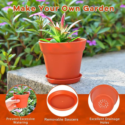 June Fox 60 Pack Small Plant Pots Indoor 4 Inch Plastic Planter with Drainage Holes and Saucers Premium Terracotta Pots Bulk for Succulent, African Violets, Flowers, Seed Starting