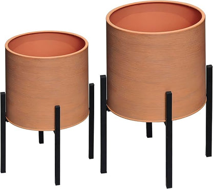 ARNIS Modern Plant Pots, Large Planters with Stand, Set of 2 Decorative Planters, Metal Pots with Drainage Holes for Living Room, Office, Garden or Balcony, 10.5 &12.25 Inch, Terracotta