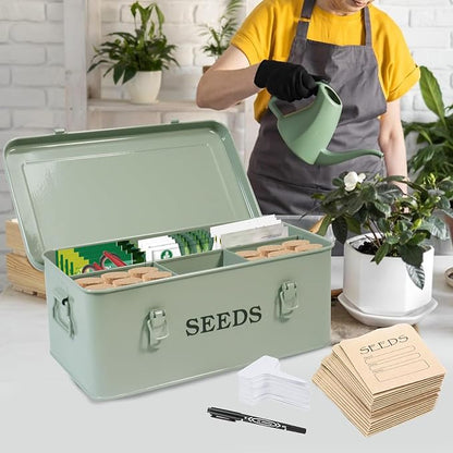 Seed Storage Box, Metal Seed Bin Seed Storage Organizer, 4 Dividers Seed Container with Safety Lock, Seed Box with Professional All-in-one Kit, Green