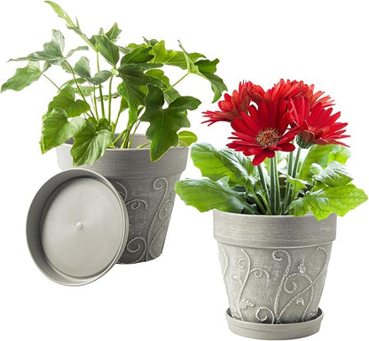 Melphoe Plant Pots Indoor with Drainage & Saucer, 2Pack 8 inch Flower Pots Outdoor Planters for Indoor Plants Garden Home Decor Cactus Succulent, Rigid Plastic (Imitation-Terracotta) Vine-Embossed