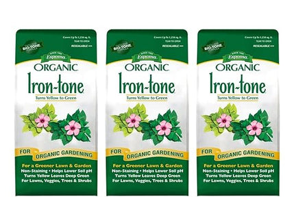 Espoma Organic Iron-Tone 3-0-3 Organic Fertilizer and Plant Food to Help Correct Iron Deficiency (Chlorosis). 5 lb. Bag. Turns Yellow to Green, Non Staining Iron - 3 Pack